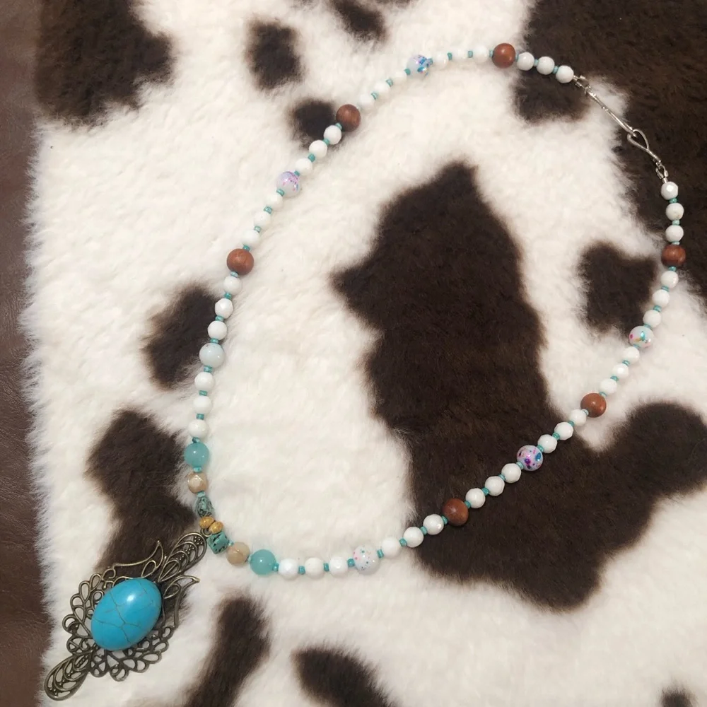 Handcrafted large howlite filigree pendant beaded necklace